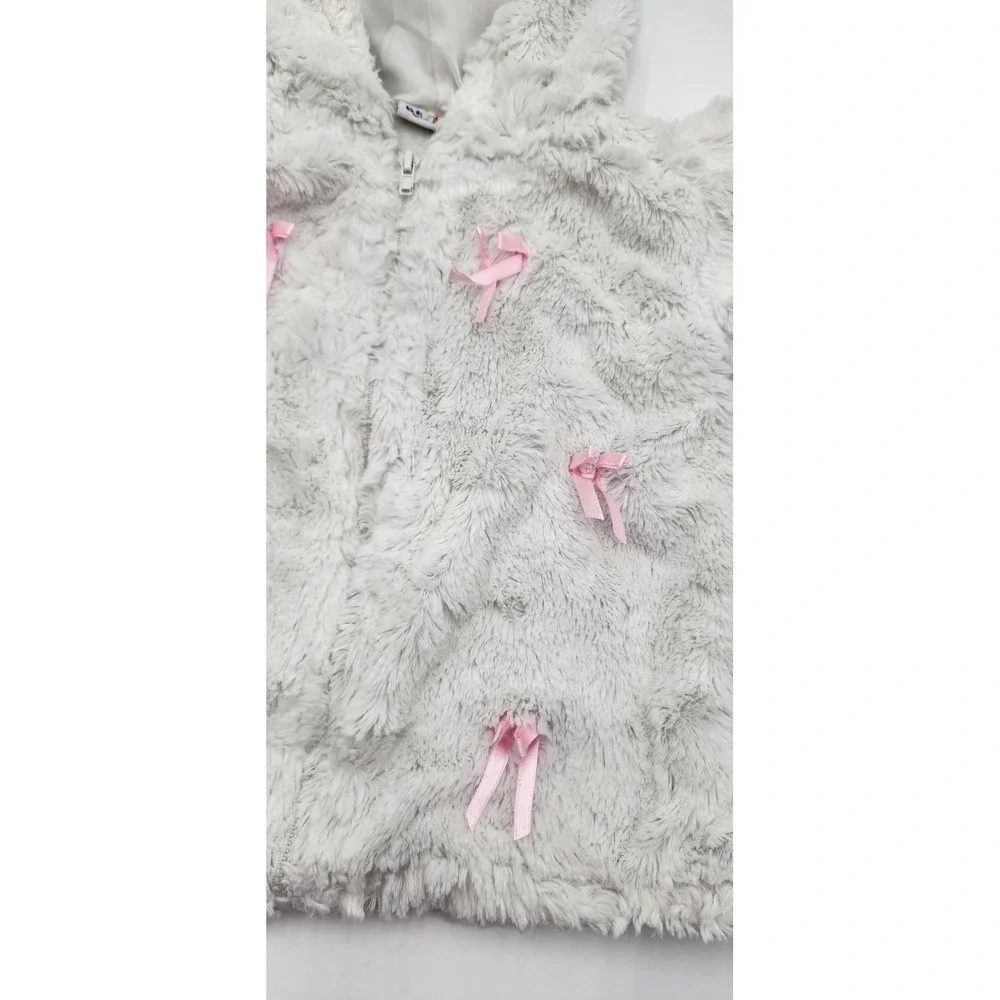 BT Kids Baby Togs Girls Gray Faux Fur Hooded Jacket Coat with Pink Bows Size 24M